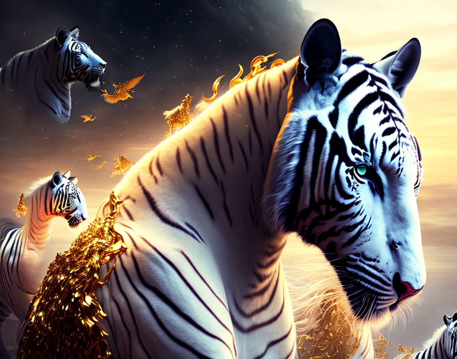 Digital Art: White Tigers with Glowing Fiery Wings on Night Sky Background