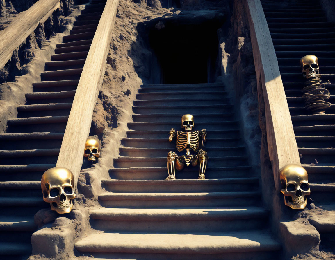 Skeleton on Dark Ancient Stairs with Human Skulls Scattered