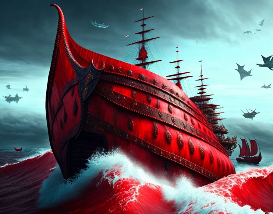 Vivid digital art: Majestic red ships sailing turbulent crimson waves