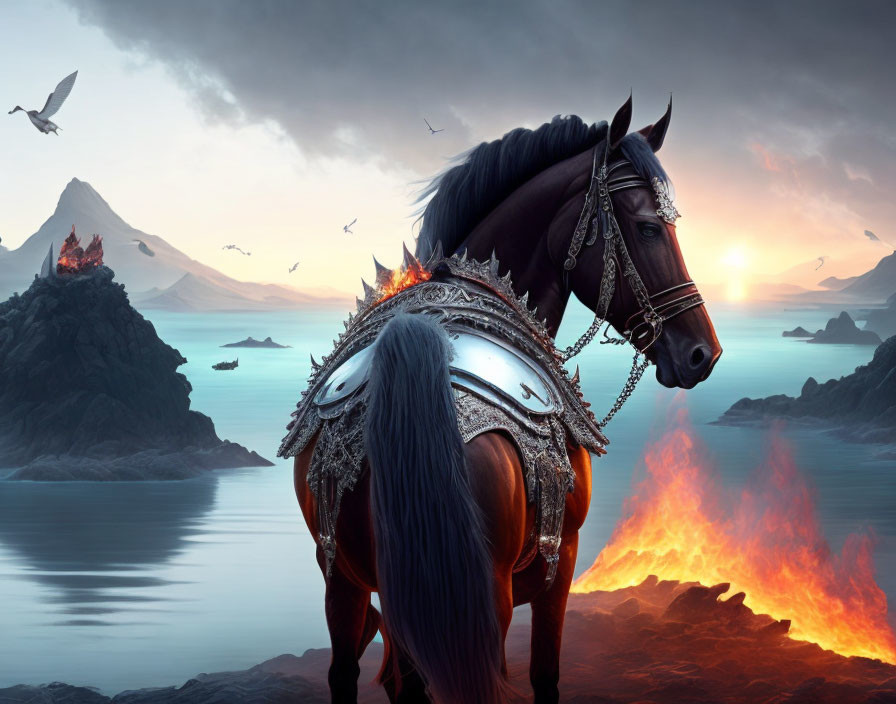 Majestic horse in ornate armor against volcanic seascape at sunrise