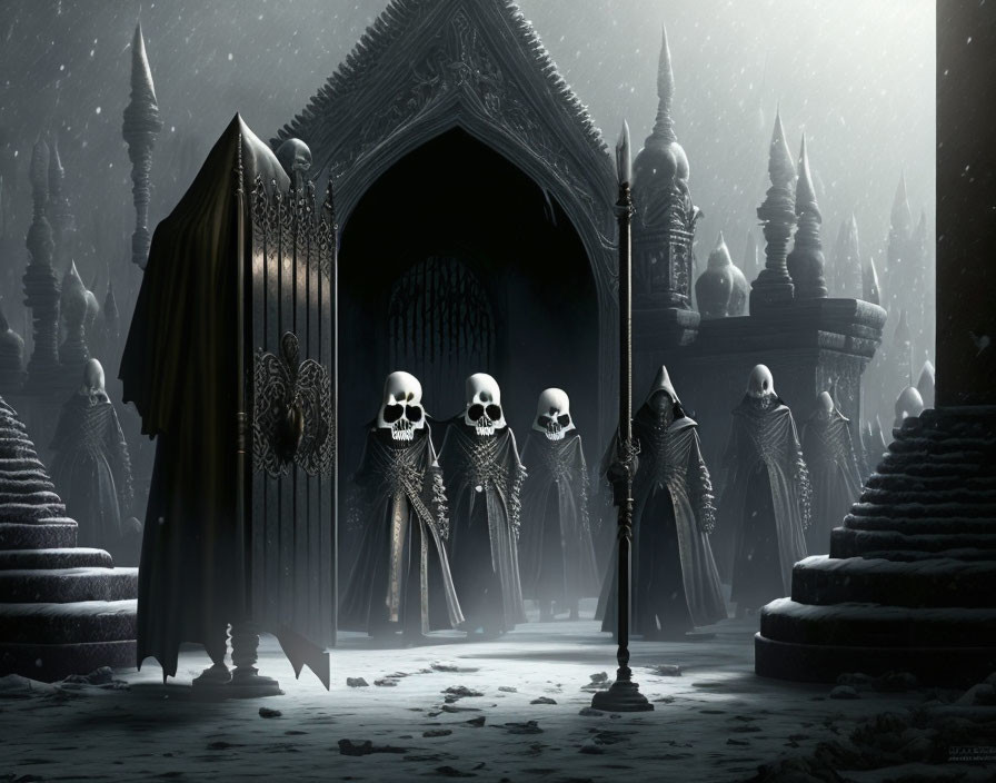 Eerie Gothic gateway with skeletal figures under twilight sky