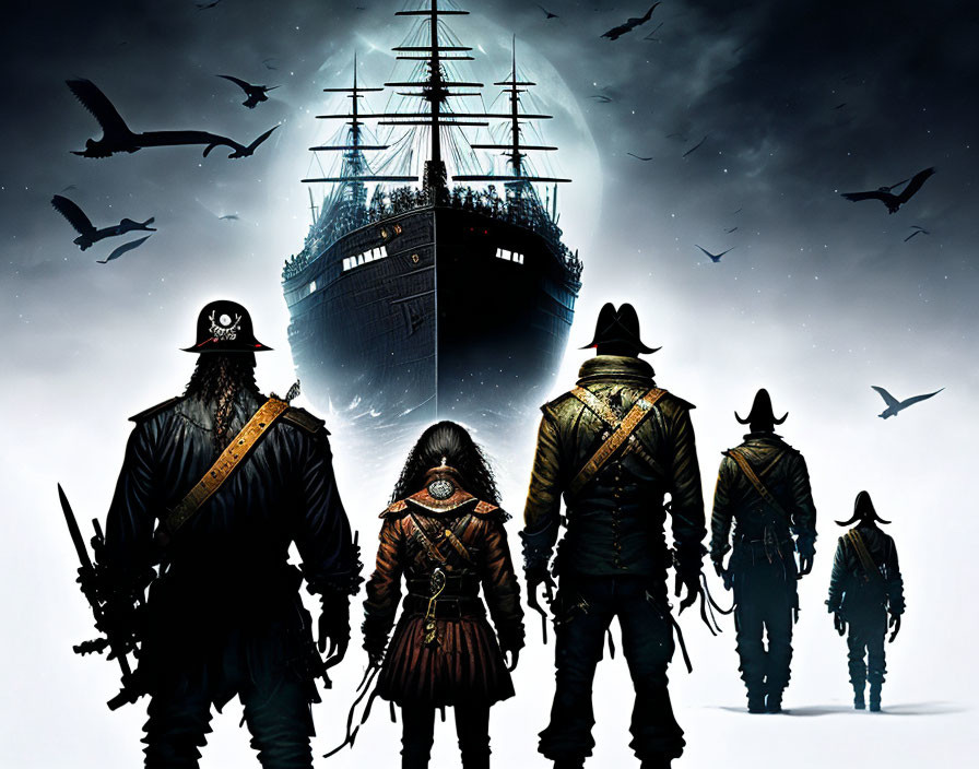 Four pirate silhouettes facing large ship under dark, cloudy sky