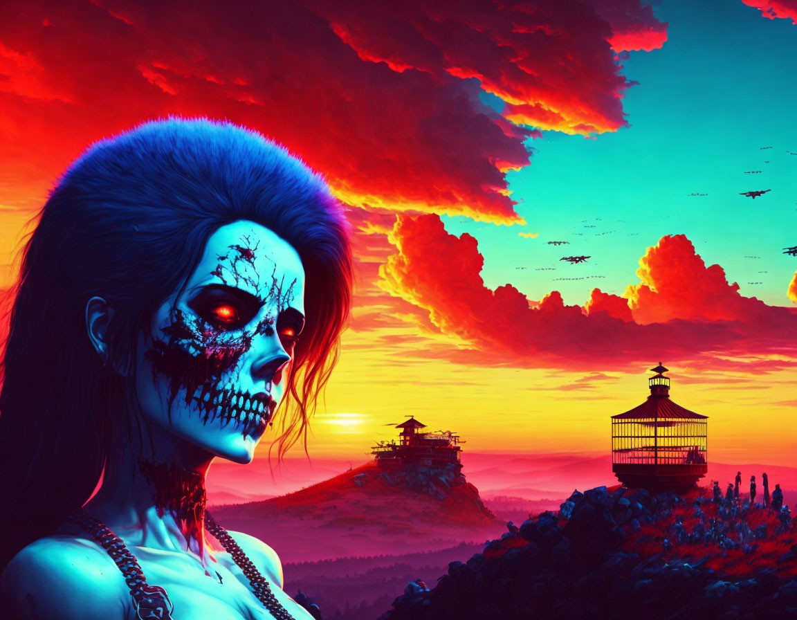 Colorful Woman with Skull Face Paint at Sunset with Pagodas and Birds