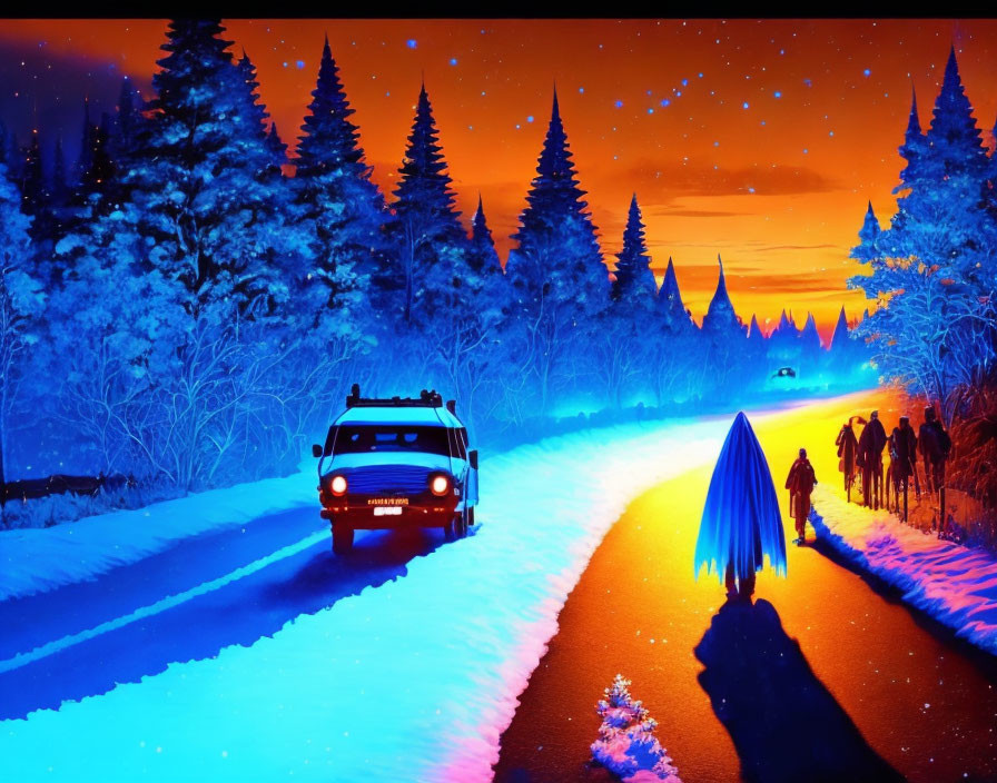 Neon-lit winter scene with vehicle on snowy road.