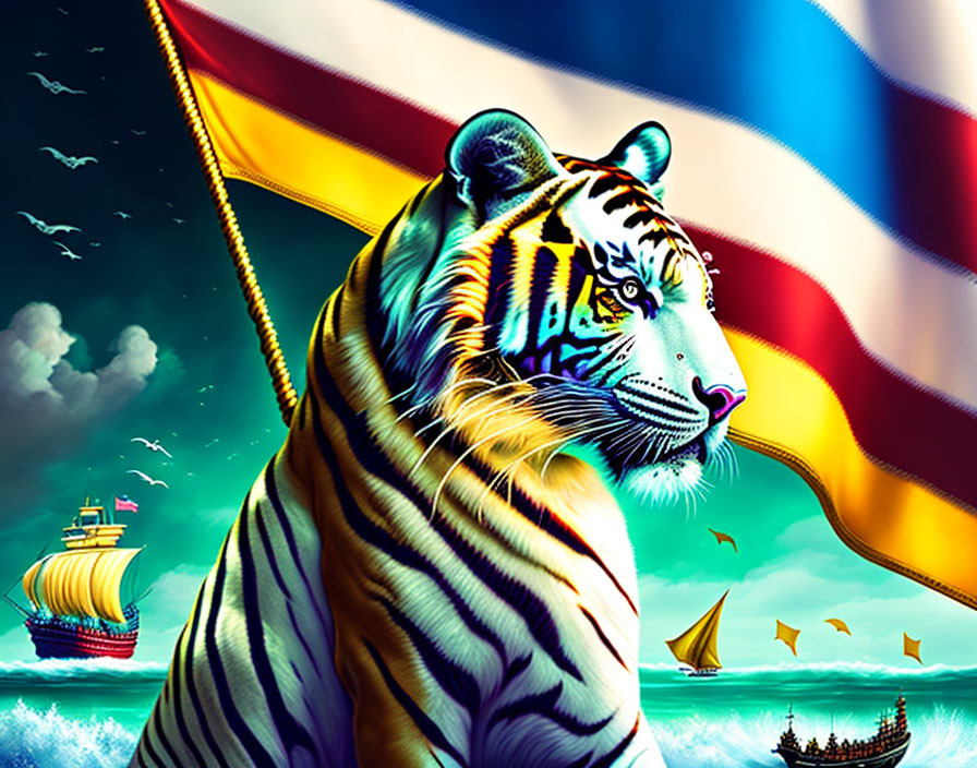 Colorful Tiger Artwork with Ship and Flag Background