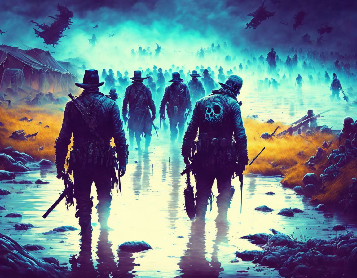 Armed cowboys on battlefield with war machines and blue haze