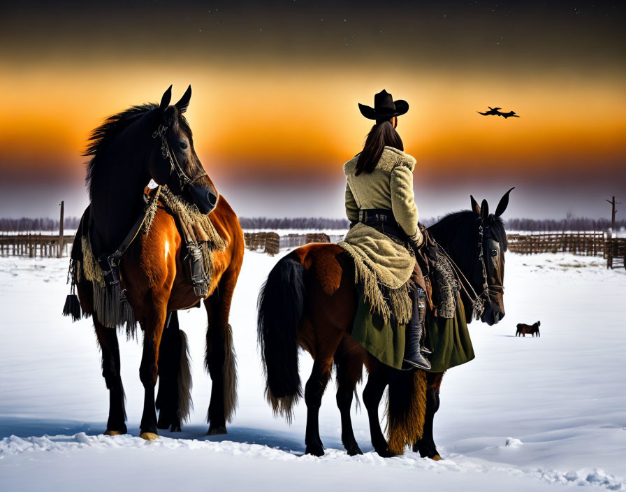 Cowboy on horse at snowy sunset with another horse and dog.