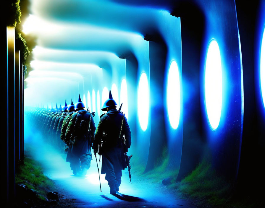 Silhouetted historical military procession in futuristic blue-lit tunnel