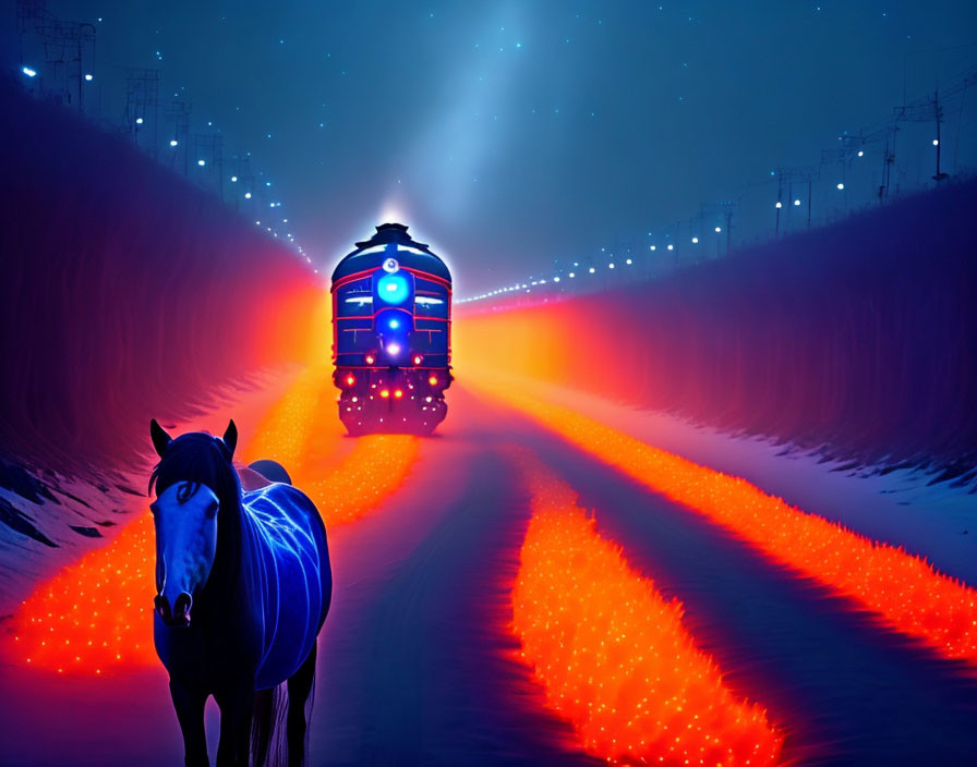 Horse on Red Path with Oncoming Train and Electricity Pylons