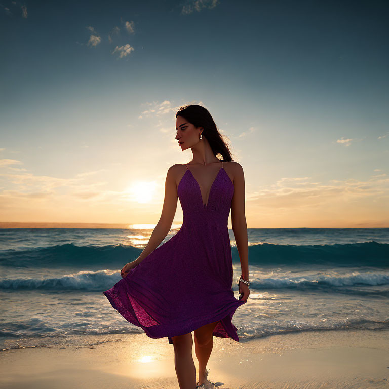 Woman in Purple Dress on Beach at Sunset with Waves and Sun