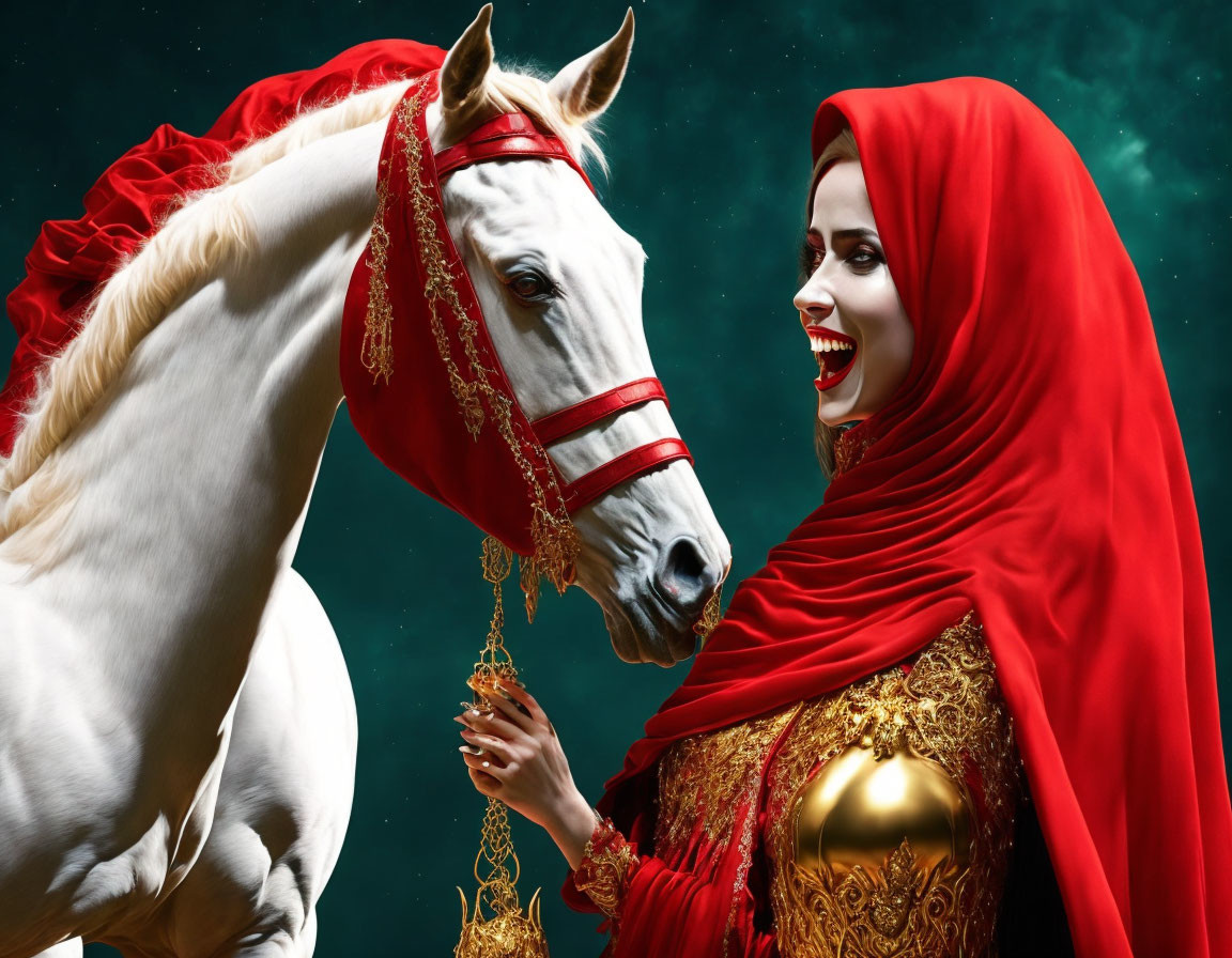 Woman in Red Cloak with White Horse in Starry Setting