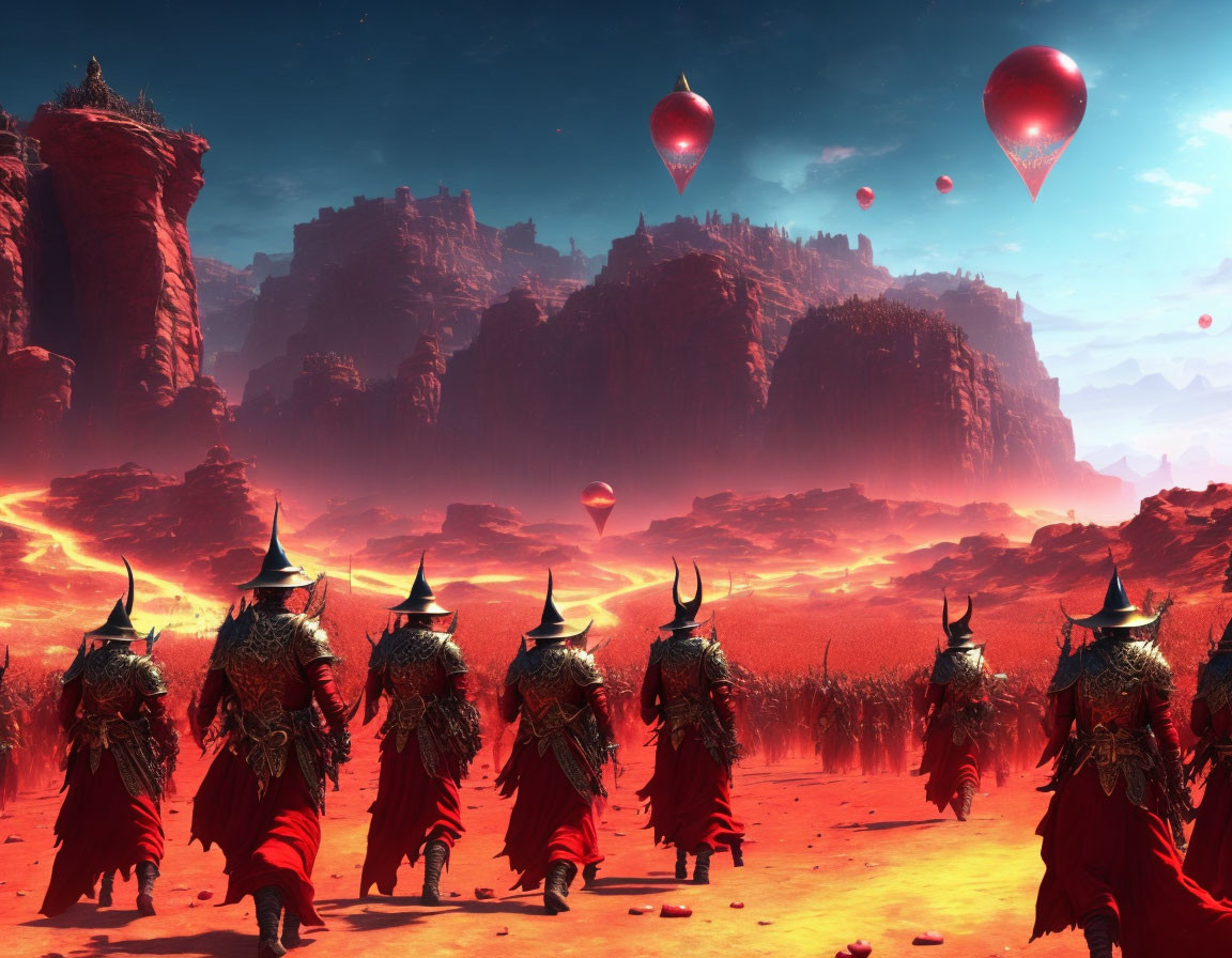 Armored figures with spears in desert landscape with rock formations and hot air balloons