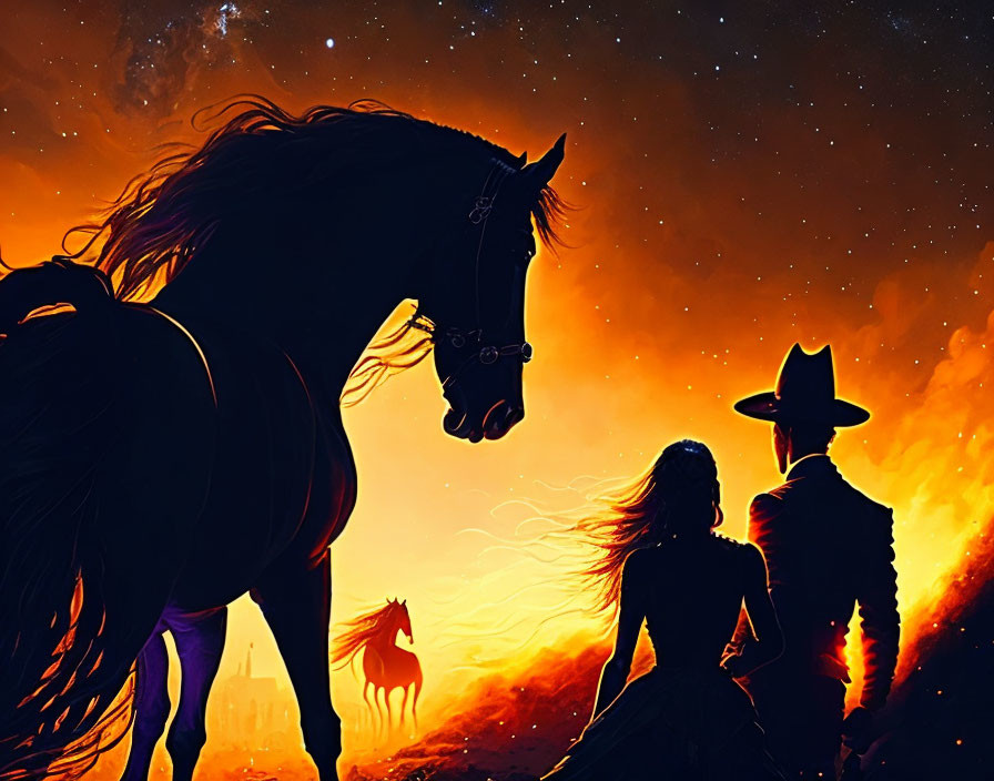 Silhouette of horse, person with hat, and woman against fiery backdrop.