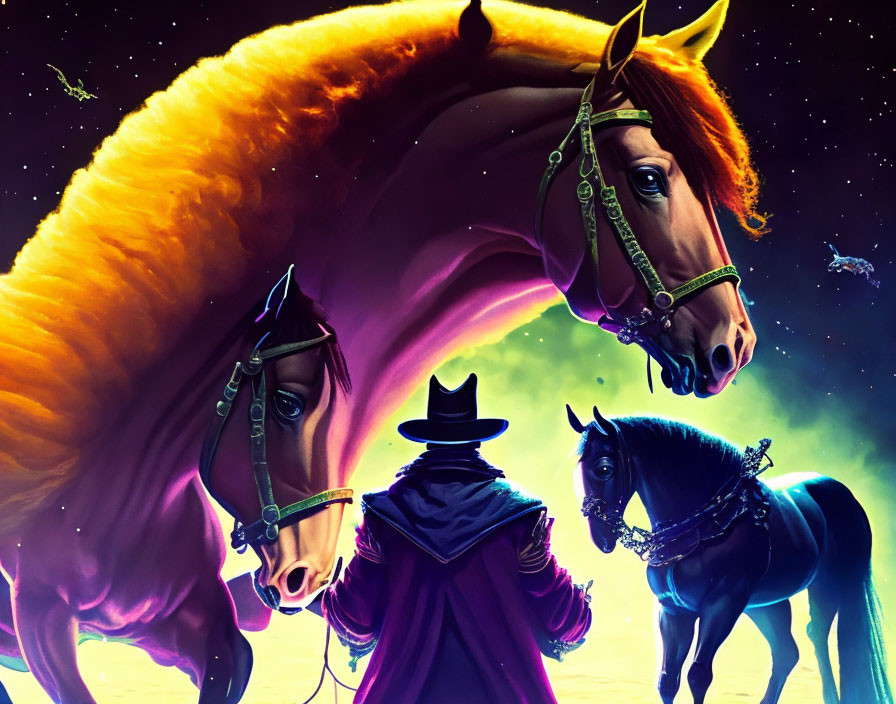 Mystical image of person in hat and cloak with three stylized horses