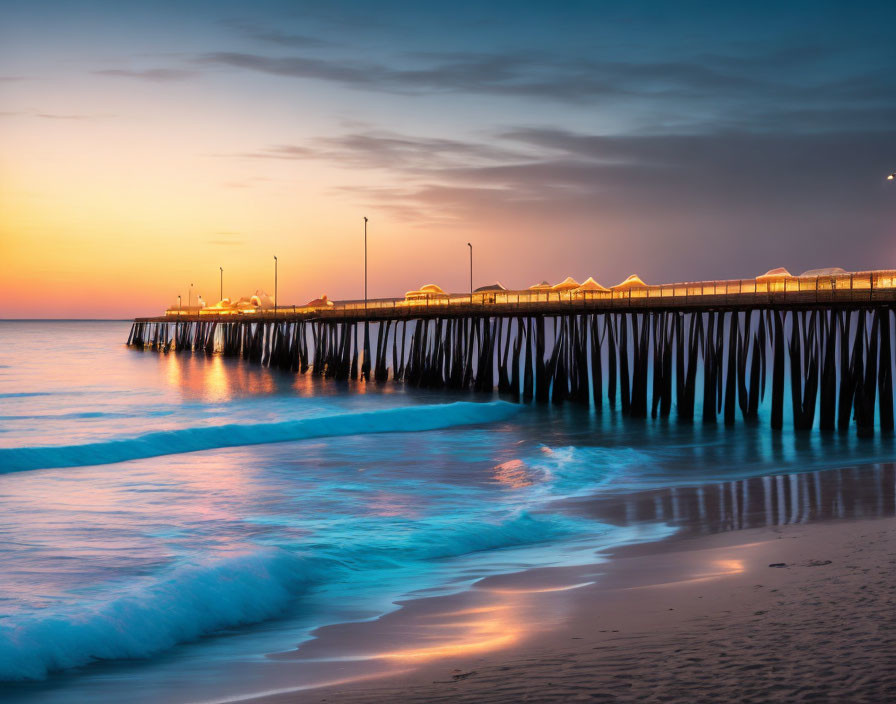 Tranquil beach sunset with pier, warm orange to cool blue sky, and gentle surf.