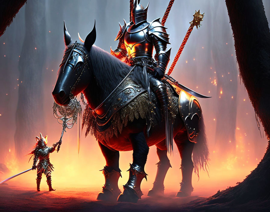 Armored knight on horse confronts smaller warrior in mystical forest