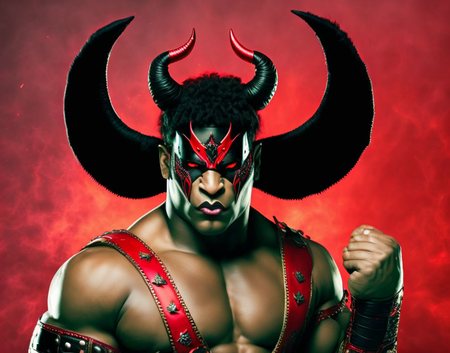 Elaborate demon-themed costume with large horns and red accents