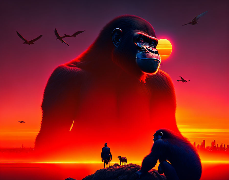 Stylized gorilla and monkeys in city sunset scene