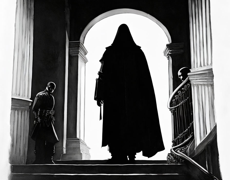 Silhouette of cloaked figure with guards in ornate armor in monochrome setting