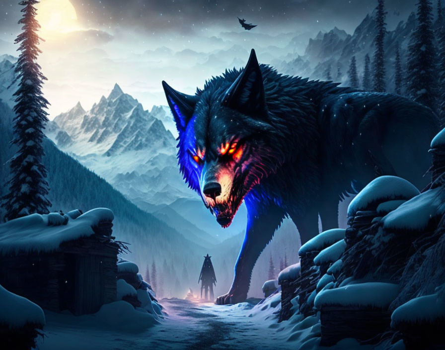 Glowing red-eyed wolf in snowy landscape with person and mountains