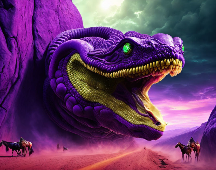 Giant purple serpent with green eyes watches riders on desert path