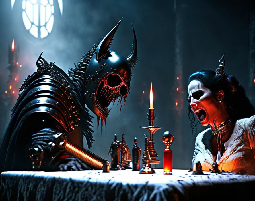 Gothic horror scene with person in demonic costume and woman with vampire-like makeup in dark room