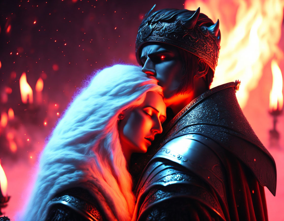 Fantasy-themed image of pale-skinned couple in armor and glow, against fiery backdrop