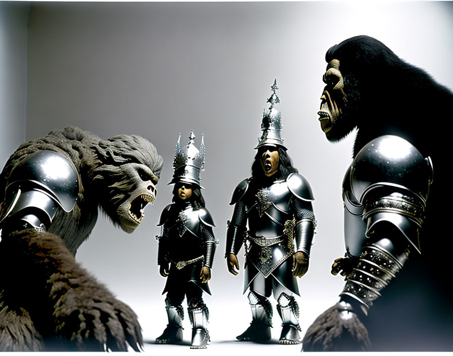 Medieval knight figures with gorilla and Bigfoot heads in dramatic pose