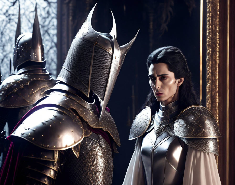 Dark-haired individual in detailed silver armor faces knight in similar attire against tree-lined backdrop