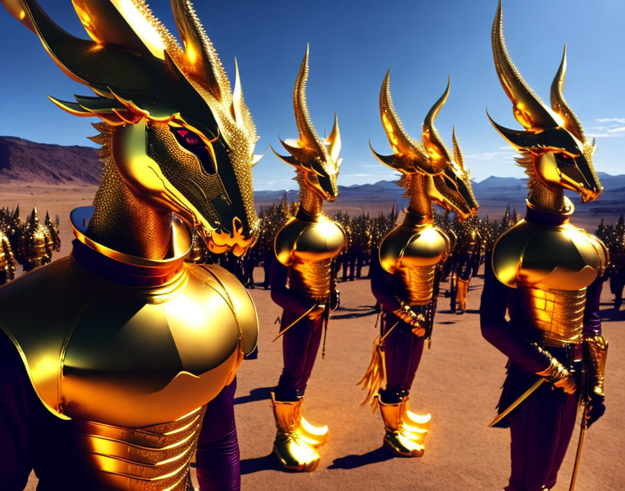 Group in Dragon-Themed Armor in Formation under Clear Sky