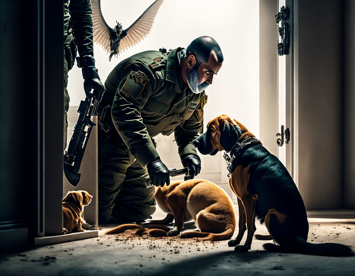 Man in tactical gear petting two dogs with dramatic lighting