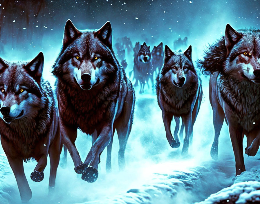 Pack of Wolves in Mystical Snowy Landscape at Night