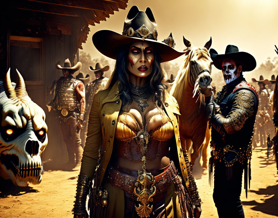 Western-themed artwork featuring a woman in cowboy attire with two men in a dusty setting.