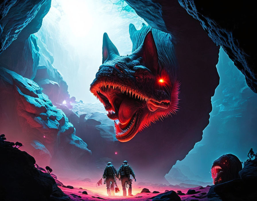 Giant wolf with red eyes in blue cavern with figures & creature