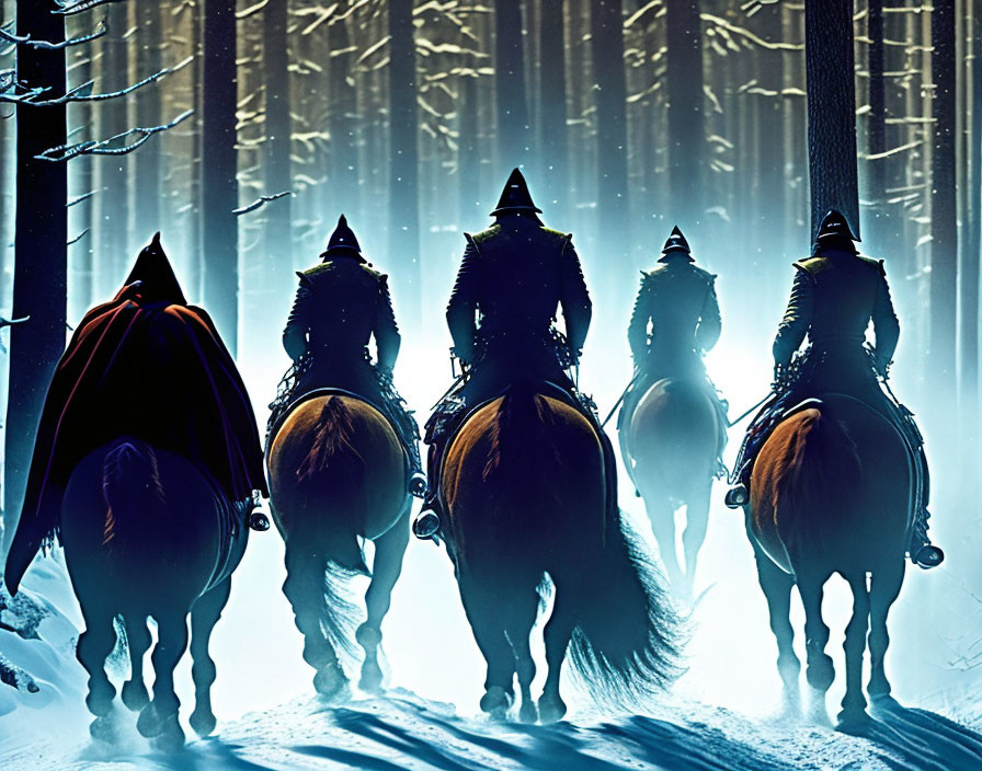 Four Horseback Riders in Snowy Forest with Mystical Blue Light