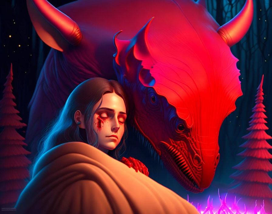 Somber person with scar beside red-horned creature in dark, glowing woods