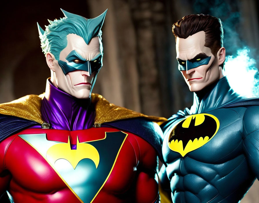 Stylized Superman and Batman action figures with exaggerated muscles and iconic costumes