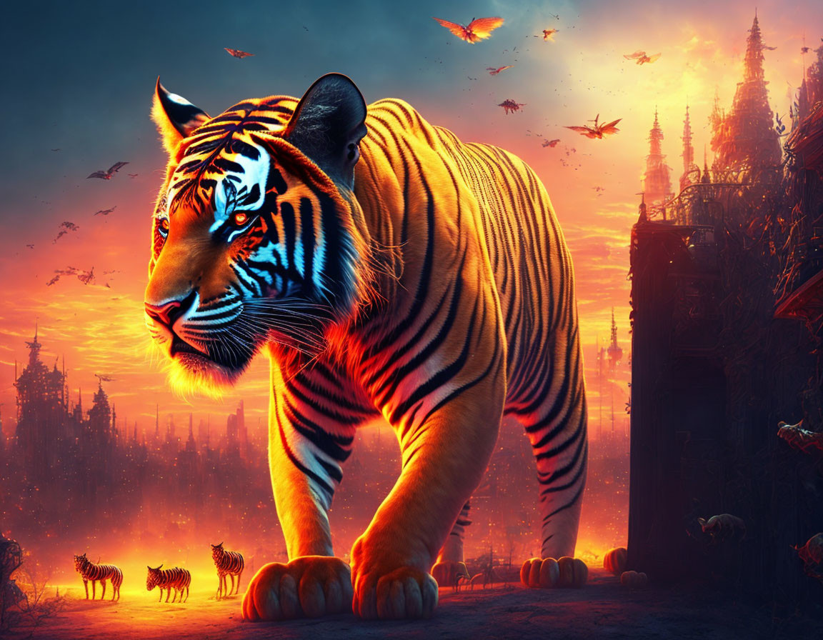 Majestic tiger in surreal fiery landscape with zebras, temples, and birds at sunset