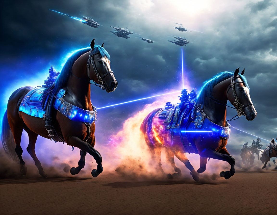 Futuristic armored horses gallop under stormy sky with glowing blue accents.