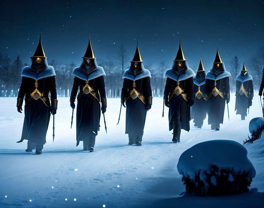 Cloaked Figures with Pointed Hoods in Snowy Night Scene