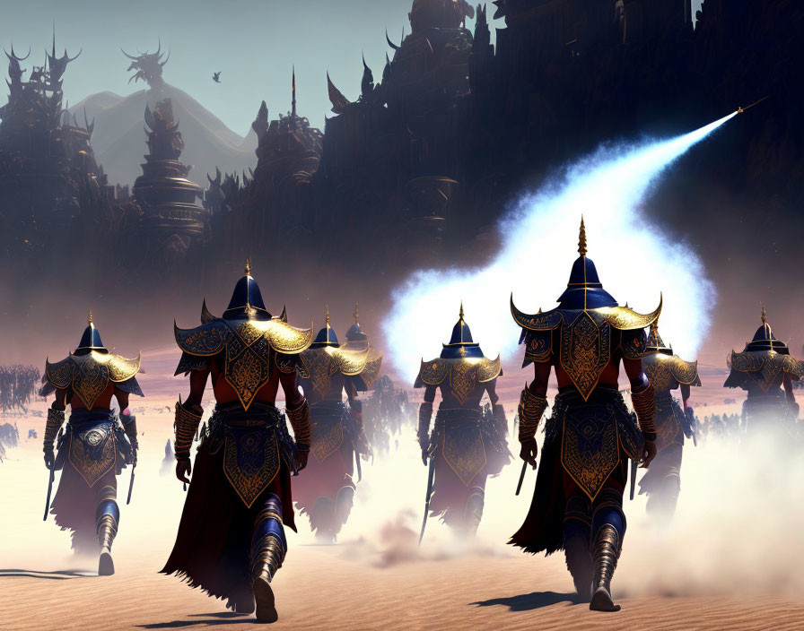 Armored warriors march to mystical city in desert landscape