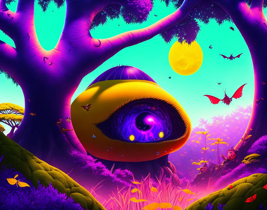 Colorful Surreal Forest with Yellow-Eyed Creature in Purple Sky
