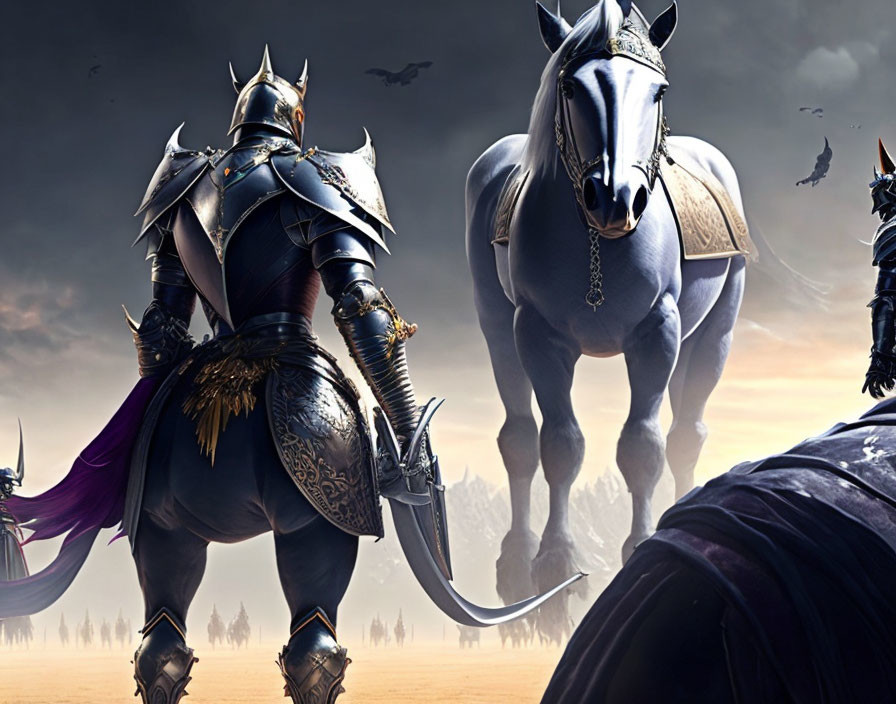 Ornate armored knight with warhorse in dramatic battle scene