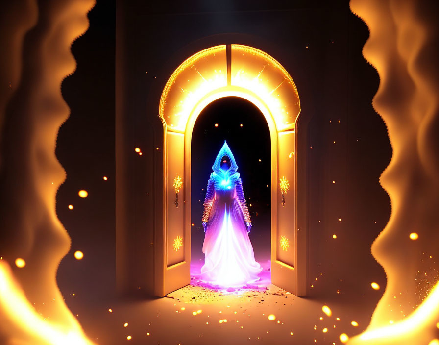 Mystical figure in glowing blue robe in arched doorway surrounded by fire