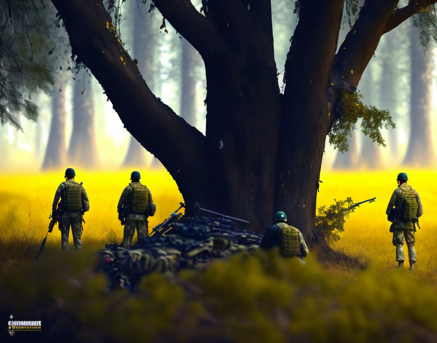 Military soldiers in camouflage near large tree in misty forest