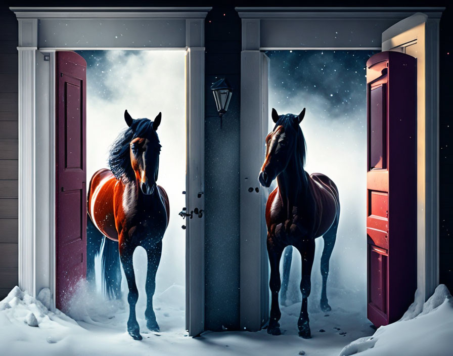 Two horses in separate doorways on snowy night under starry sky