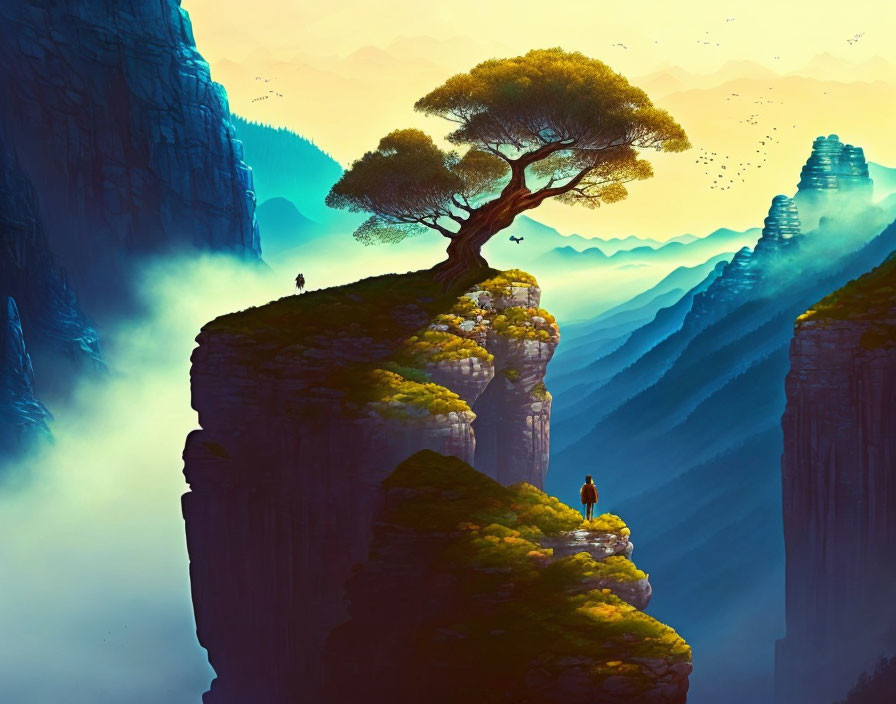 Solitary tree on cliff overlooking misty canyon with layered mountains and person gazing.