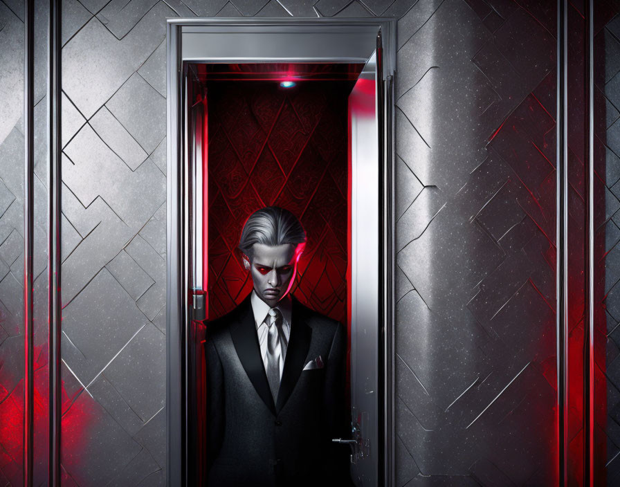 Silver-haired person in black suit in futuristic doorway setting