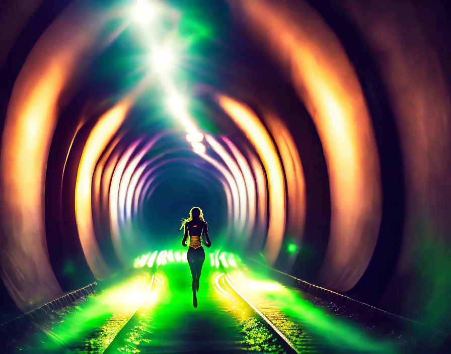 Silhouette jogging in vibrant, illuminated tunnel