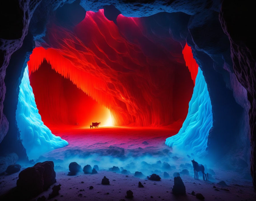 Vibrant Cave with Red and Blue Lights, Silhouettes of Wolves